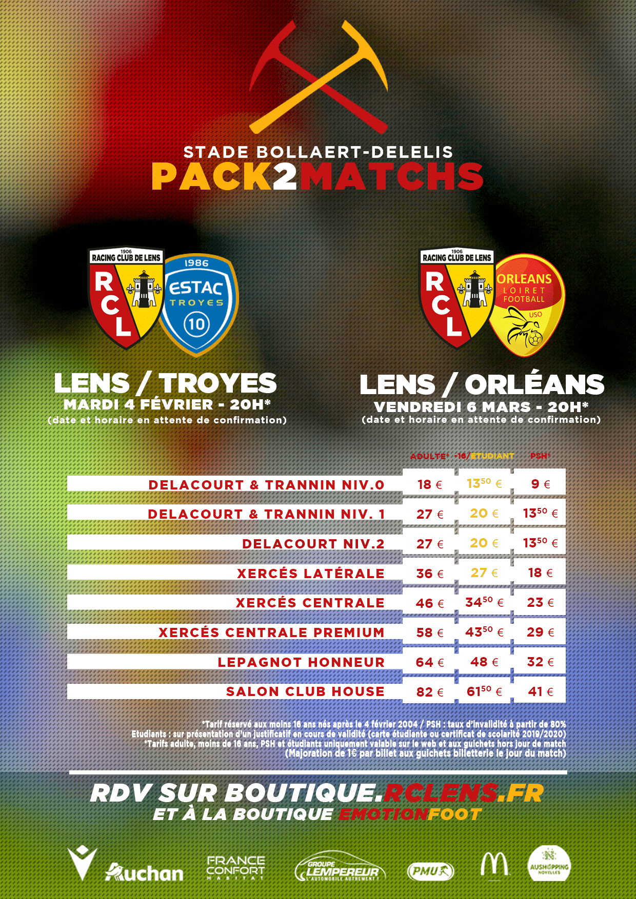 Pack 2 matchs Troyes / Orléans billetterie tarifs rclens