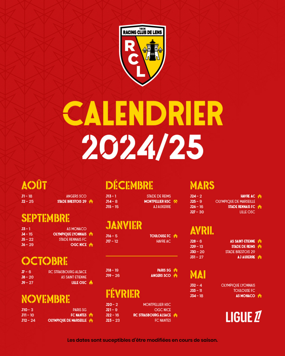 Le calendrier du Racing, saison 20242025 RC Lens